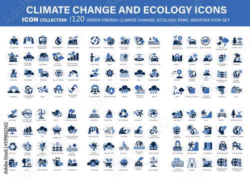 Climate change, ecology, green energy, park and weather 120 icon set. Containing global warming, renewable energy, greenhouse, melting ice, earth pollution, outdoor activity. Flat vector illustration 