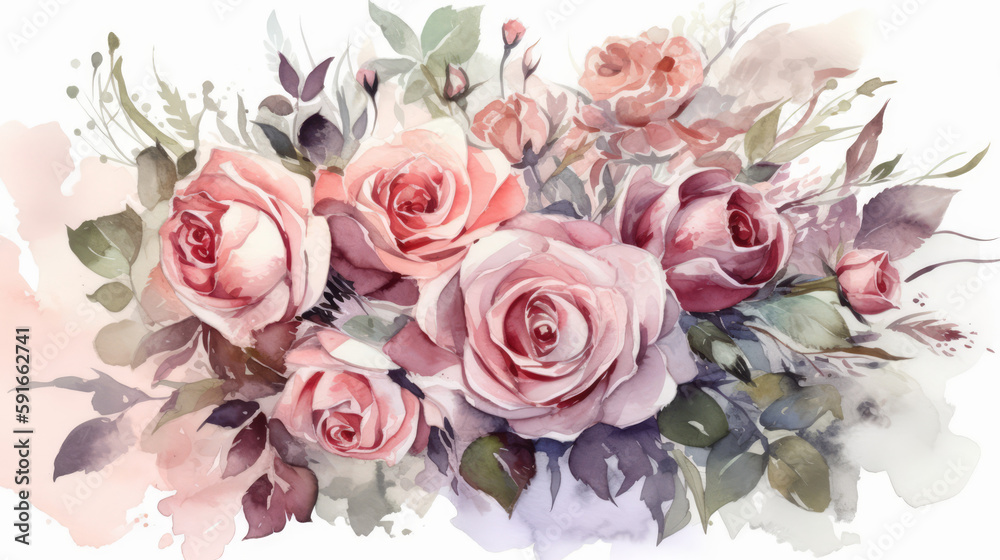 watercolor flowers emerald leaf and pink roses. Generative AI Art Illustration