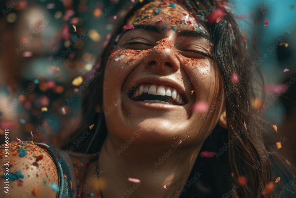 A joyful woman is seen laughing and having a great time while colorful confetti rains down on her at a festival Generative AI A joyful woman is seen laughing and having a great time while colorful confetti rains down on her at a festival Generative AI