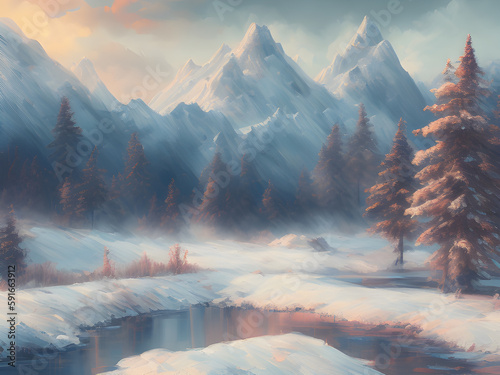 Nature at winter landscape digital painting 03. Illustrations and Clip Art/AI generated.
