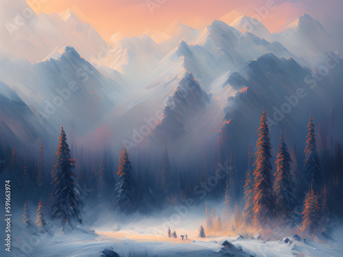 Nature at winter landscape digital painting 02. Illustrations and Clip Art/AI generated.