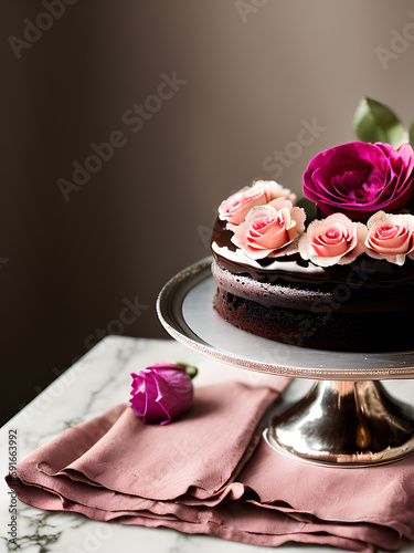 Chocolate dessert with flowers 06. Illustrations and Clip Art/AI generated.