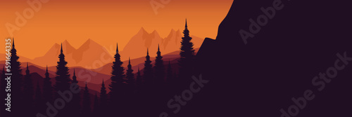 mountain landscape nature with tree forest silhouette flat design vector illustration good for wallpaper, backdrop, background, web banner, and design template