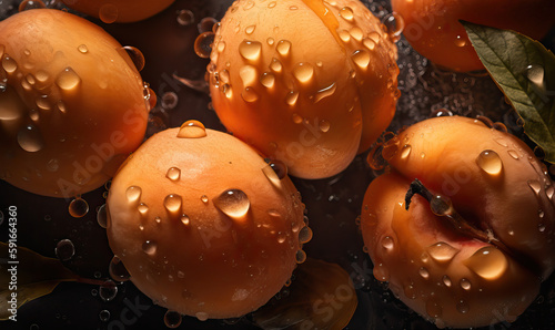 Apricots with water drops on a dark background, Generative AI photo