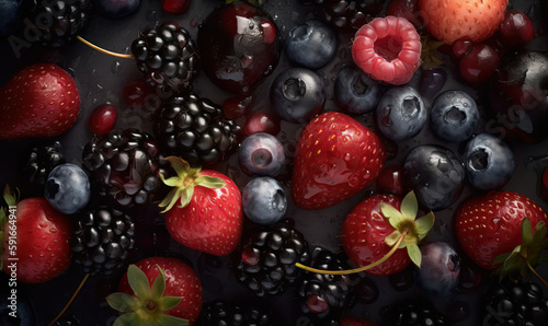 Berries with water drops on a dark background, Generative AI