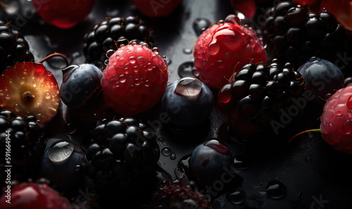 Berries with water drops on a dark background, Generative AI photo