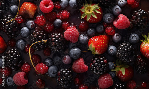 Berries with water drops on a dark background, Generative AI
