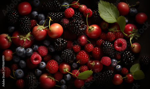 Berries on a dark background, Generative AI