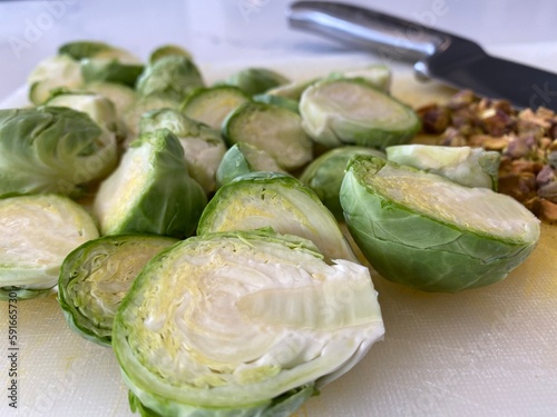 preparing brussel sprouts for dinner