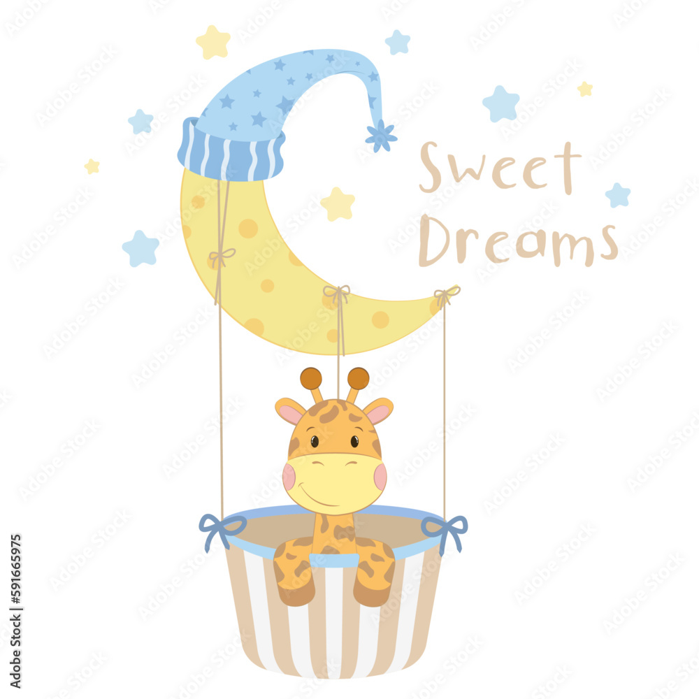 Fototapeta premium A giraffe is sitting on a moon and is in a cartoon style. Design for a children's bodysuit