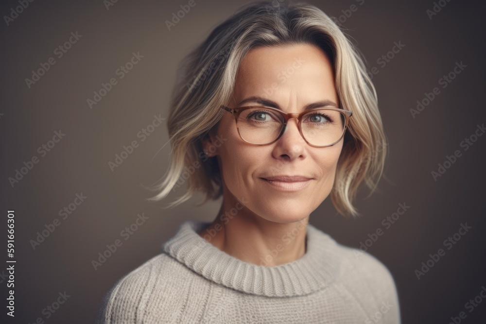 Fototapeta premium Portrait of a beautiful middle-aged woman in glasses and a sweater.