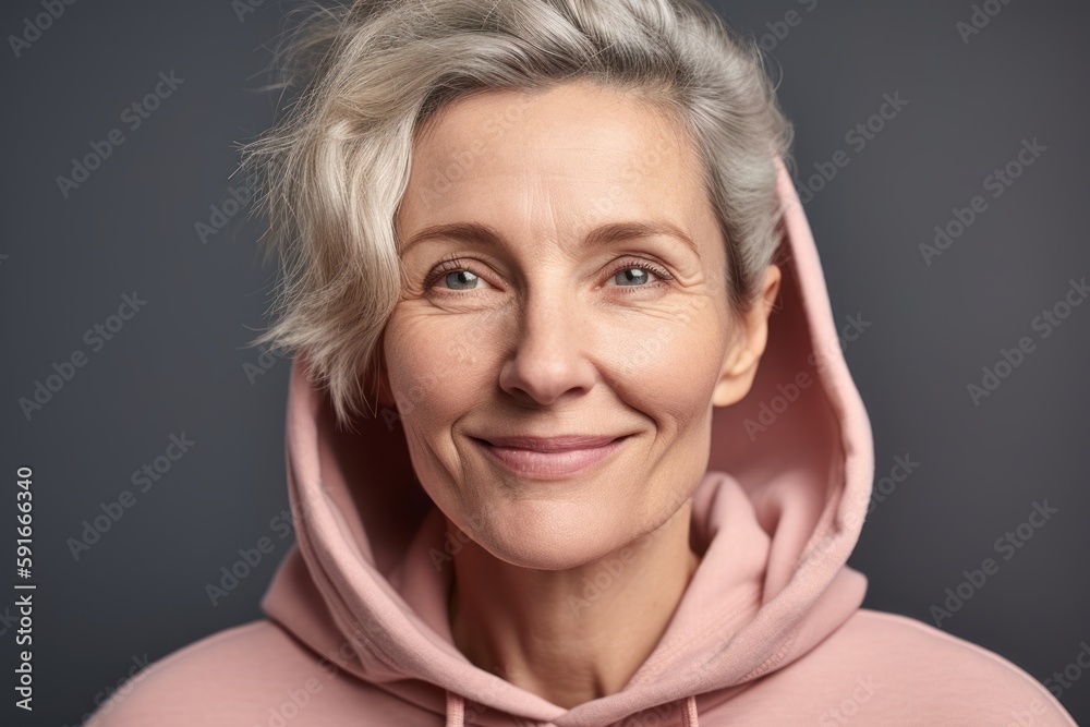 Portrait of smiling senior woman in pink hoodie on grey background Portrait of smiling senior woman in pink hoodie on grey background