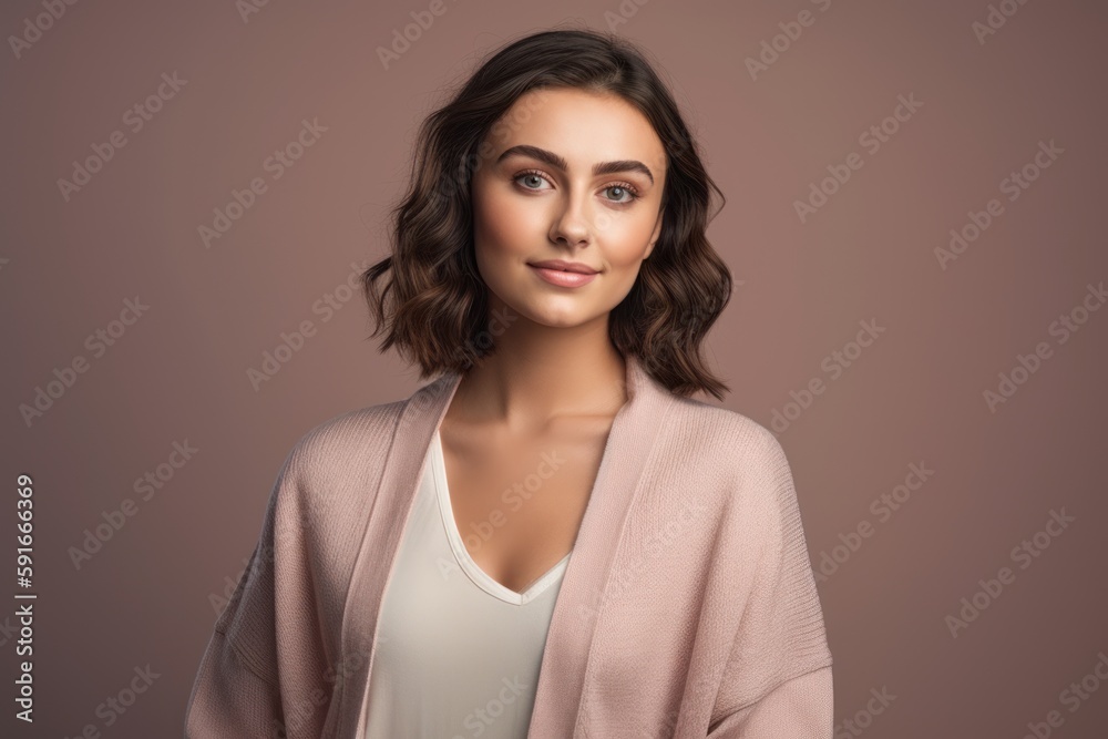 Fototapeta premium Portrait of a beautiful young brunette woman in a pink coat.