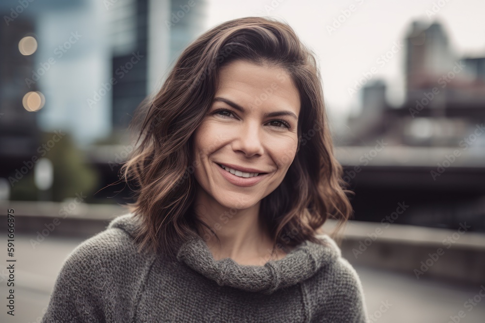 Portrait of a beautiful young woman in the city. She is smiling and looking at the camera. Portrait of a beautiful young woman in the city. She is smiling and looking at the camera.
