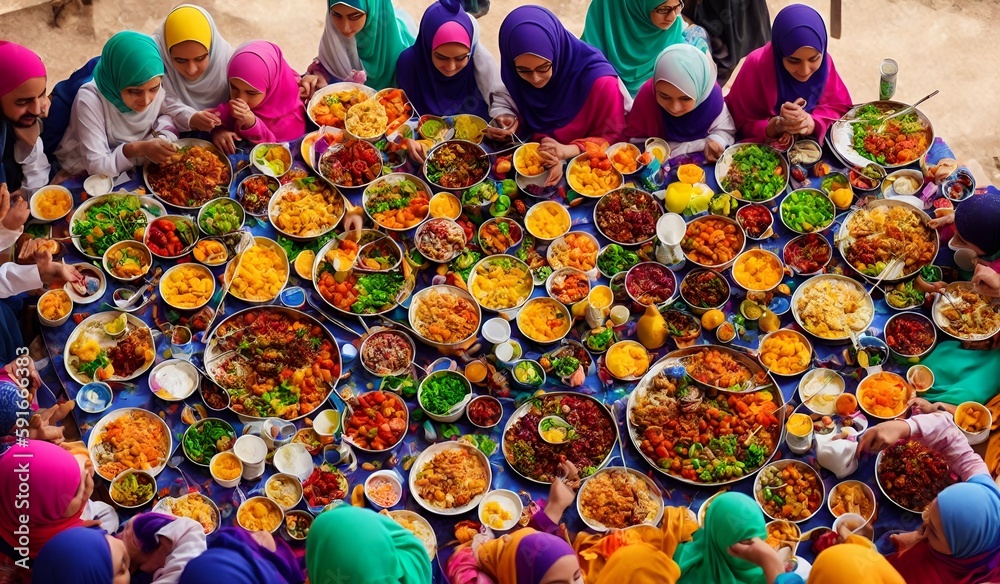 Muslim family gathered around food table celebrating Eid and enjoying food