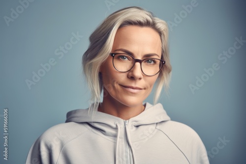 Portrait of a beautiful middle-aged woman in eyeglasses looking at camera and smiling while standing against grey background