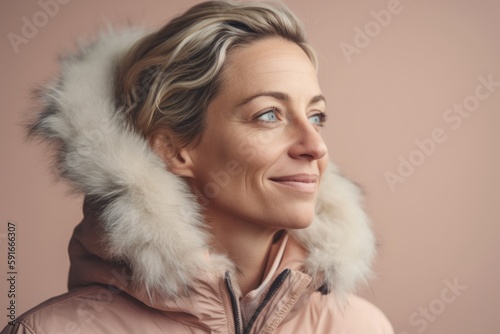 Portrait of a beautiful woman in winter clothes on a pink background