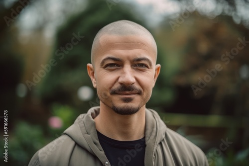 Portrait of a young bald man in a park in the city