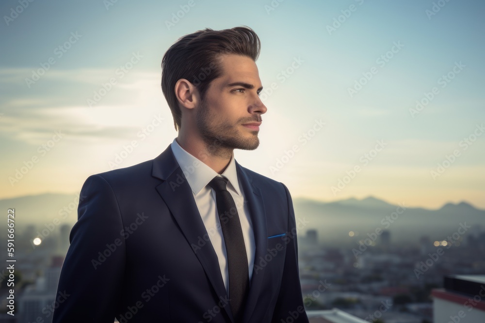 Portrait of handsome businessman looking away against view of the city at sunset