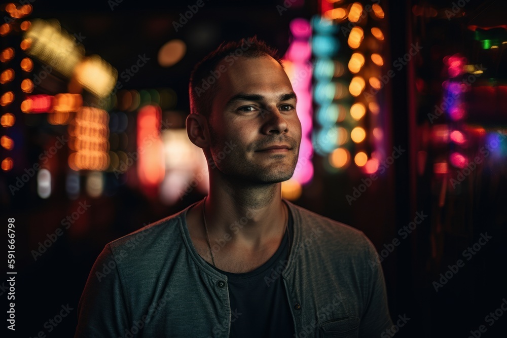 Portrait of a young man in a night club with lights on background Portrait of a young man in a night club with lights on background