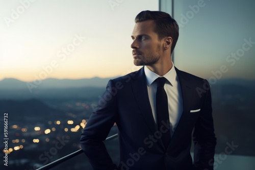 Medium shot portrait photography of a satisfied man in his 30s wearing a sleek suit against an aerial view background. Generative AI photo