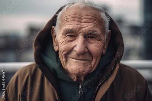 Portrait of an elderly man in a hooded jacket on the street