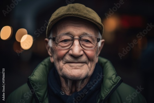 Portrait of an old man with glasses and a green cap.