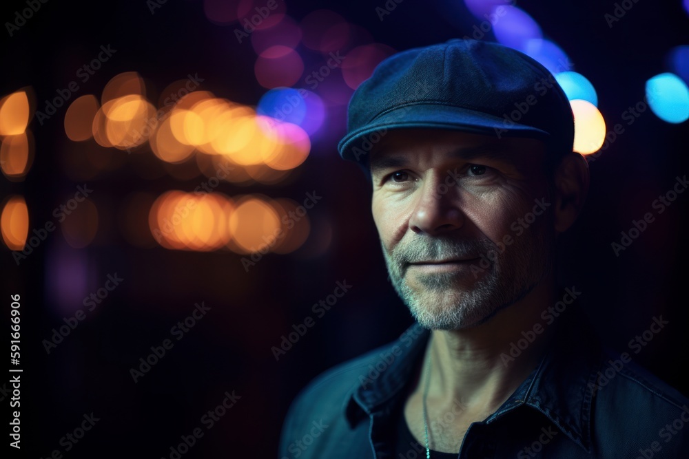 Portrait of a senior man in a cap on the street at night