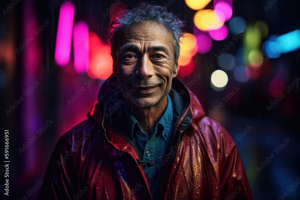 Medium shot portrait photography of a grinning man in his 50s wearing a vibrant raincoat against neon lights background. Generative AI Medium shot portrait photography of a grinning man in his 50s wearing a vibrant raincoat against neon lights background. Generative AI