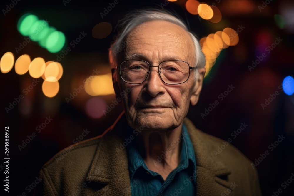 Portrait of an elderly man with glasses on the background of the night city Portrait of an elderly man with glasses on the background of the night city
