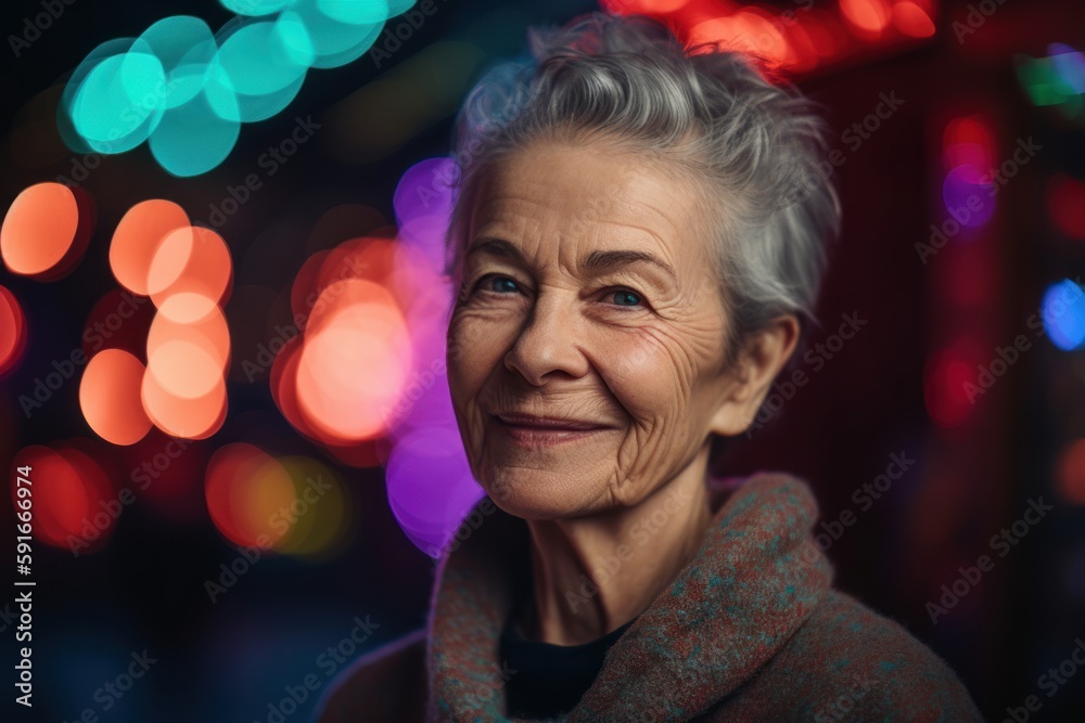 Portrait of a smiling senior woman in the city at night. Portrait of a smiling senior woman in the city at night.