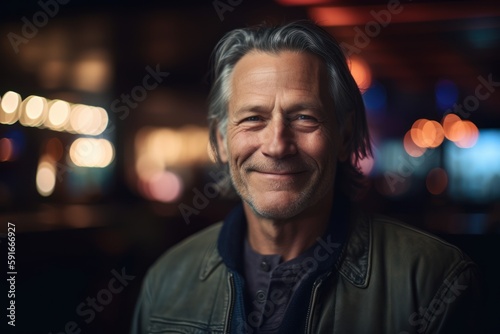 Lifestyle portrait photography of a pleased man in his 50s wearing a cozy sweater against neon lights background. Generative AI