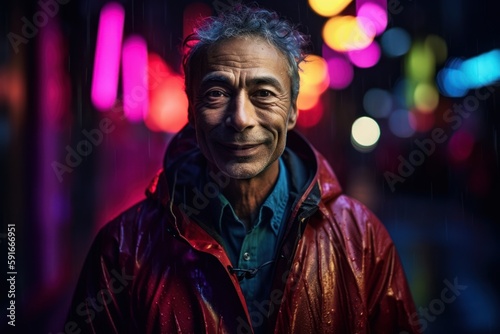 Medium shot portrait photography of a grinning man in his 50s wearing a vibrant raincoat against neon lights background. Generative AI
