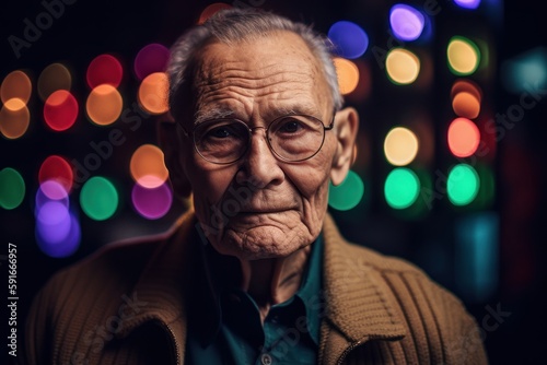 Portrait of an old man with glasses against the background of colored lights
