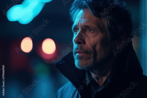 Portrait of a senior man in a dark room with lights on