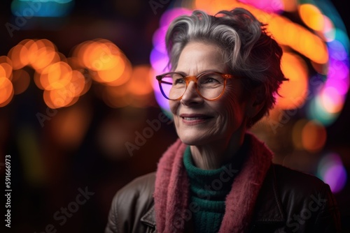 Portrait of a happy senior woman with glasses in the city at night