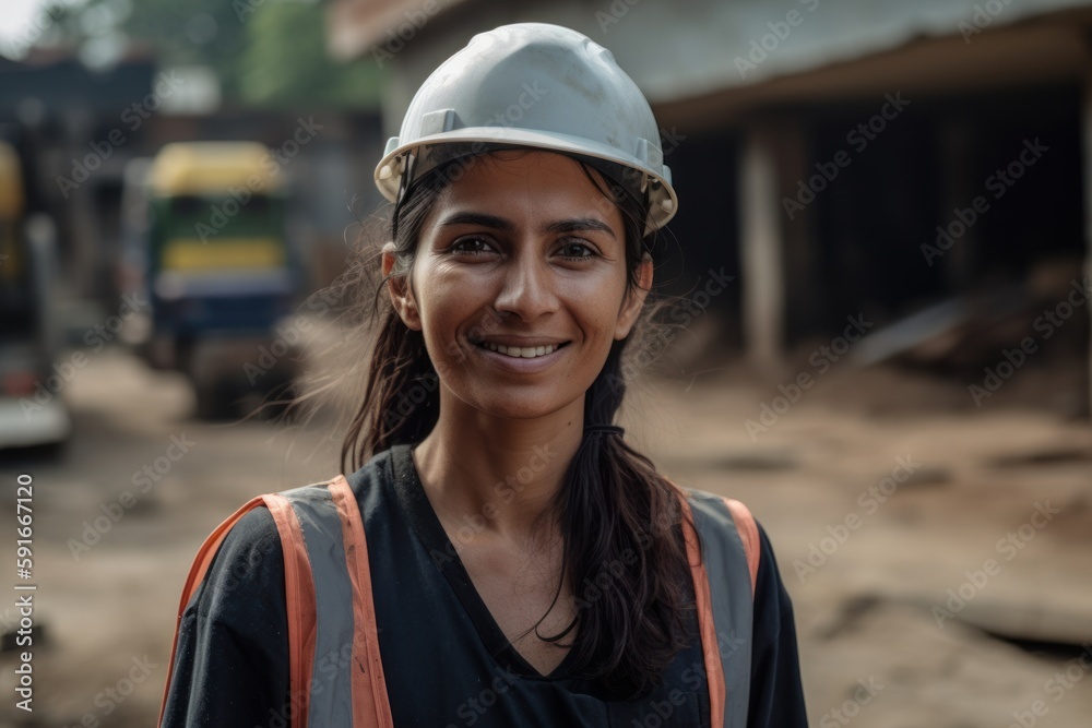 Portrait of a female construction worker smiling at the camera with a building in the background