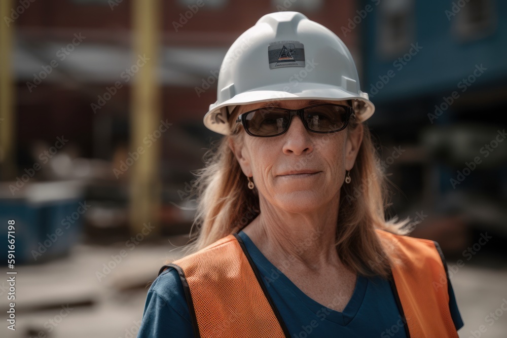 Portrait of a mature female worker in a hard hat and glasses