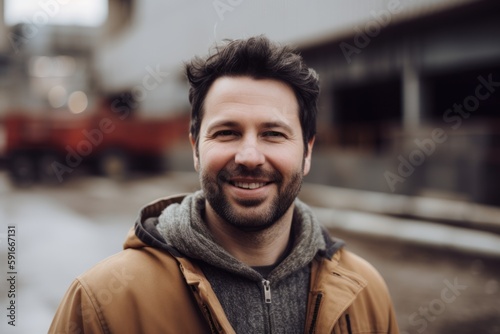 Portrait of handsome young man smiling outdoors. Smiling man looking at camera. © Robert MEYNER