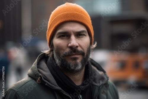 Portrait of a handsome bearded man with a hat in the city
