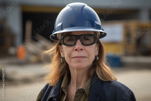 Portrait of mature female construction worker wearing hardhat outdoors in warehouse © Robert MEYNER