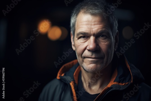 Portrait of a senior man in a dark room with lights.