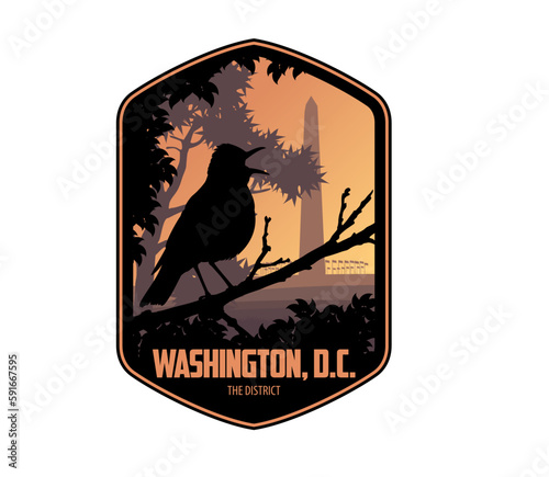 Washington, D.C. vector label with Wood thrush	near Washington Monument 