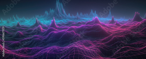3d rendering, abstract virtual reality violet background, cyber space landscape . Neon wireframe terrain, generative ai