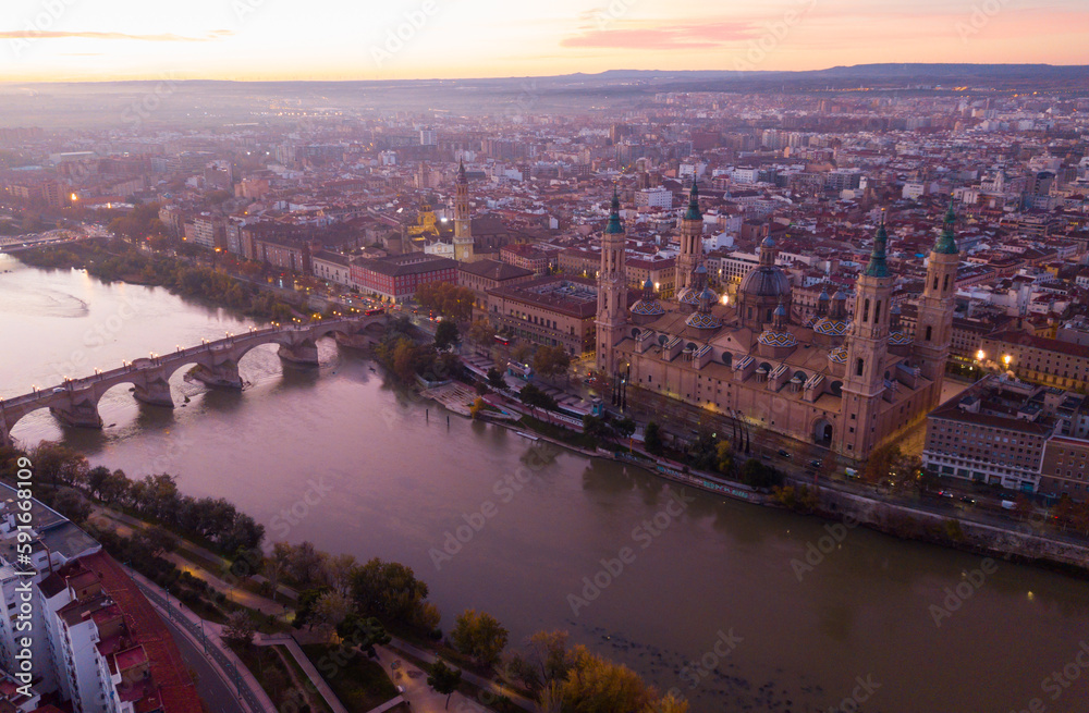 Aerial view of the ancient spanish city of Zaragoza on dawn