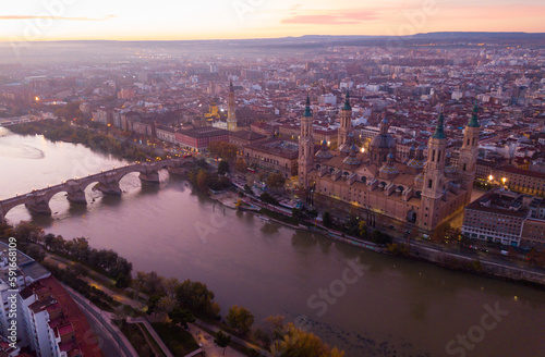 Aerial view of the ancient spanish city of Zaragoza on dawn © JackF
