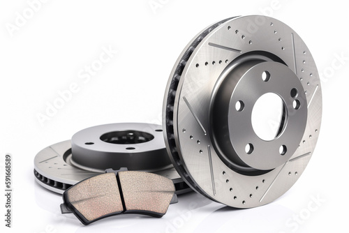 Car brake disc and pads on white background © Mkorobsky