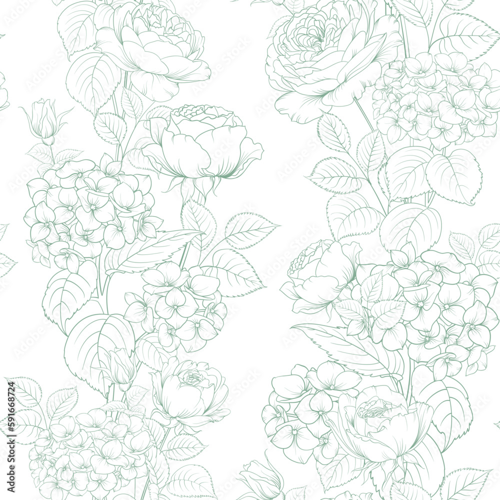 Fototapeta premium Seamless pattern from flowers of lavender,rose, and hydrangeas on a white background.