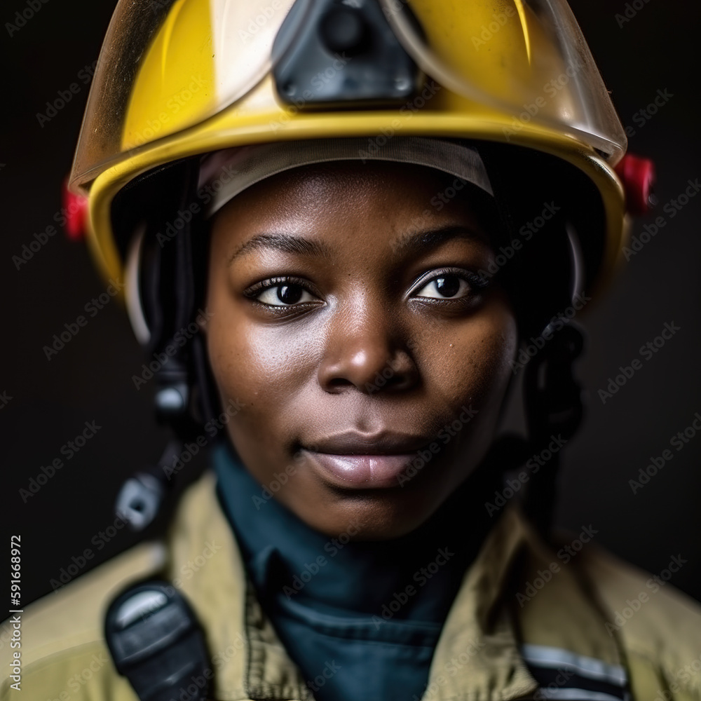 Portrait of an african female firefighter. Fictitious person. An image with a fictional person, not based on real people. Generative AI Portrait of an african female firefighter. Fictitious person. An image with a fictional person, not based on real people. Generative AI