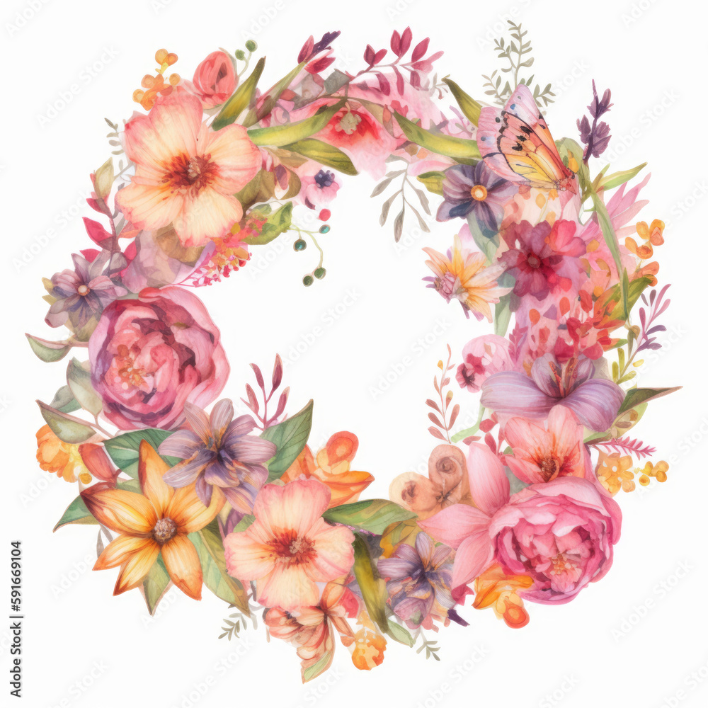 watercolor flowers wreath, softly organic. Generative AI Art Illustration